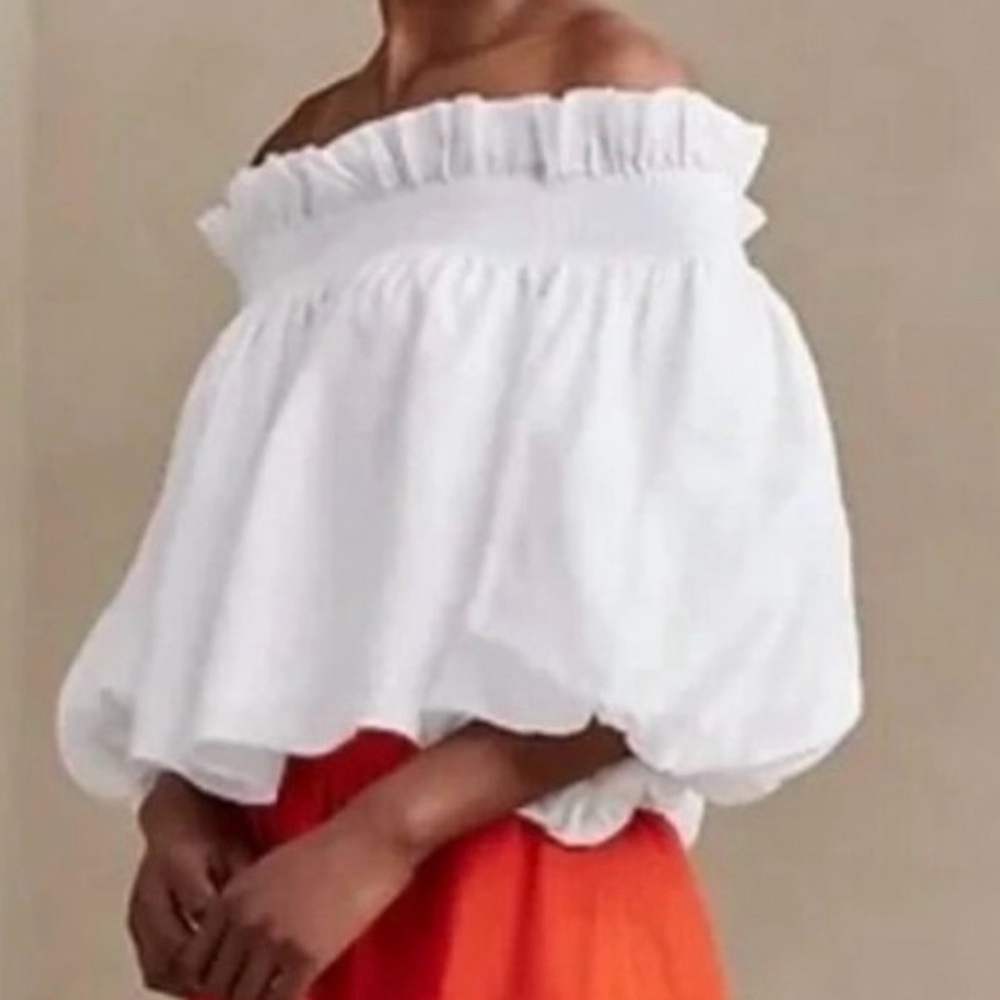 Banana Republic Bria linen blouson ruffle top lined elastic neckline